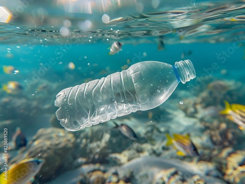 Underwater plastic bottle polluting the ocean environment and threatening marine life