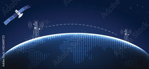 Mobile Telecommunication tower 
global connection and internet glowing earth with satellite and tower vector poster  photo