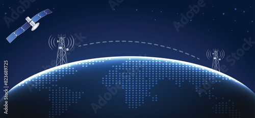 Mobile Telecommunication tower 
global connection and internet glowing earth with satellite and tower vector poster 