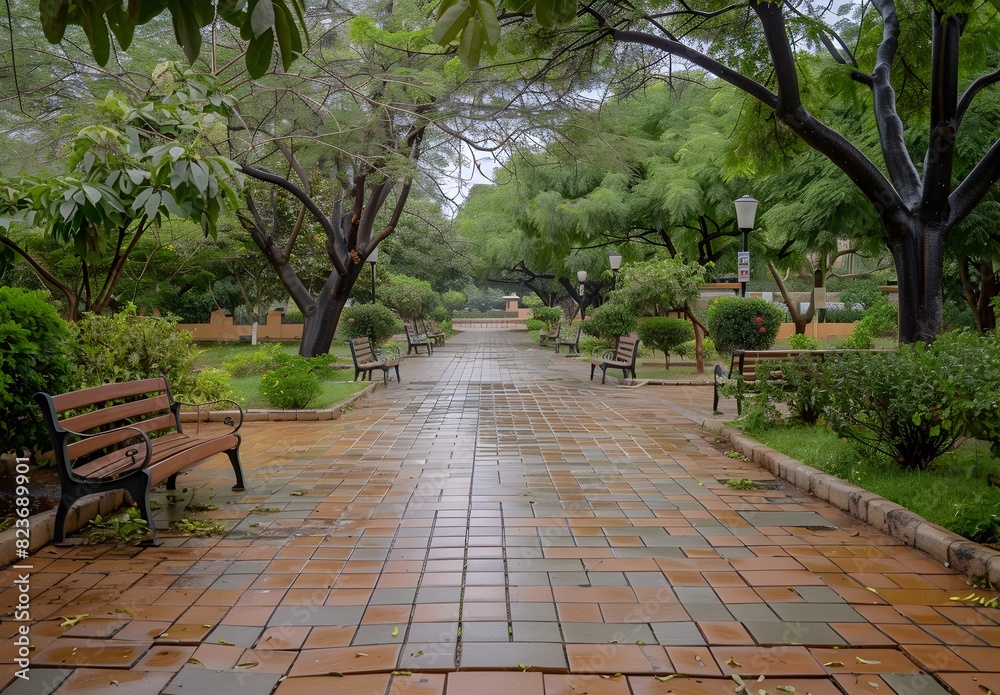 Lush Garden Path Through Peaceful Urban Park with Scenic Benches and Lush Foliage
