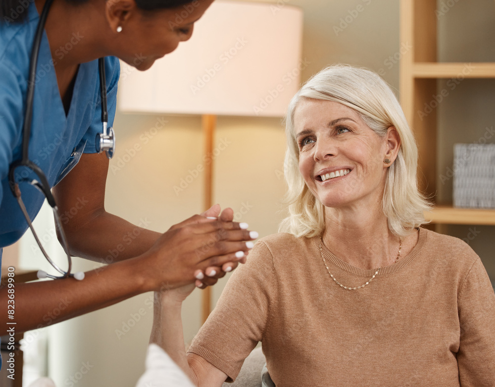 Assisted living, healthcare or support with old woman and nurse on sofa in retirement home together. Conversation, happy and holding hands with senior patient talking to medicine professional