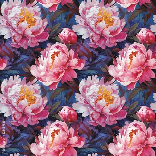 Beautiful peonies flowers seamless pattern. Floral nature decorative vintage background. Raster bitmap illustration. Digital painting style. AI artwork.