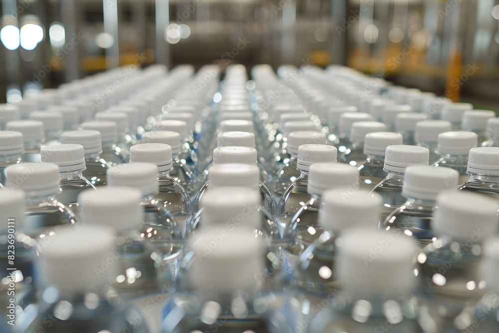 Organized Plastic Bottles in Rows on Industrial Shelves in Warehouse or Production Facility Organized Plastic Bottles in Rows on Industrial Shelves in Warehouse or Production Facility