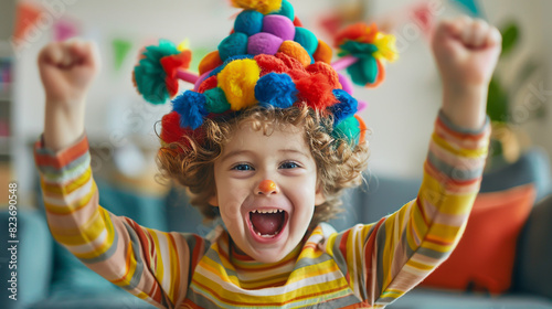 A cheerful child, adorned in vibrant colors and wearing both a clown hat and a silly cap, photo
