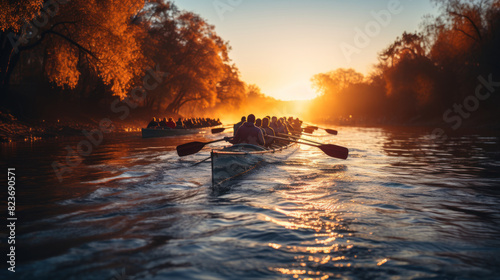 An atmospheric image capturing rowers on a misty river  as the early morning sun breaks through the trees  casting warm hues and dramatic lighting