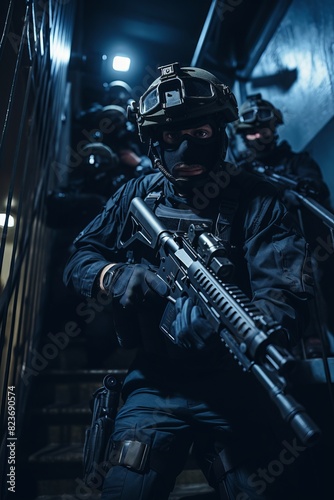 A group of men armed with guns is walking down a flight of stairs, with a serious and vigilant demeanor, likely SWAT team members securing a stairwell during a mission or operation