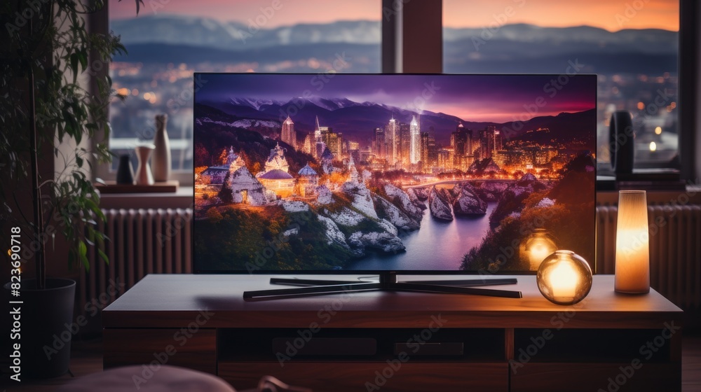 Modern entertainment system with a vivid cityscape on the screen, situated in a cozy room during the evening Modern entertainment system with a vivid cityscape on the screen, situated in a cozy room during the evening