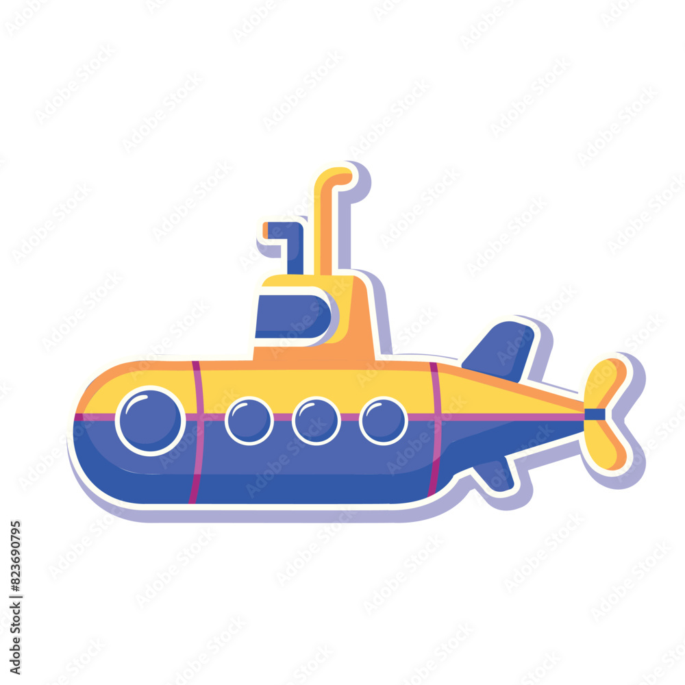 Yellow Submarine with periscope on white background. Underwater Sea research transport  in flat style. Childish toy vector illustration. Suited for children coloring book, print, education, element