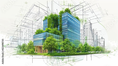 sustainable green building practices in architectural blueprints ecofriendly construction planning digital concept illustration