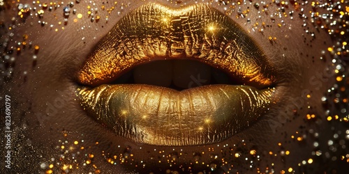 Artistic Gold Lipstick on Black Lips photo