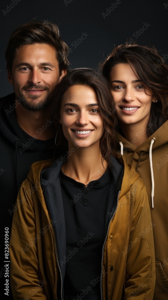 Fototapeta premium Portrayed against a dark background, three friends smile with a confident and casual pose