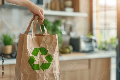 Person Holding a Recycled Paper Bag With Green Recycling Logo