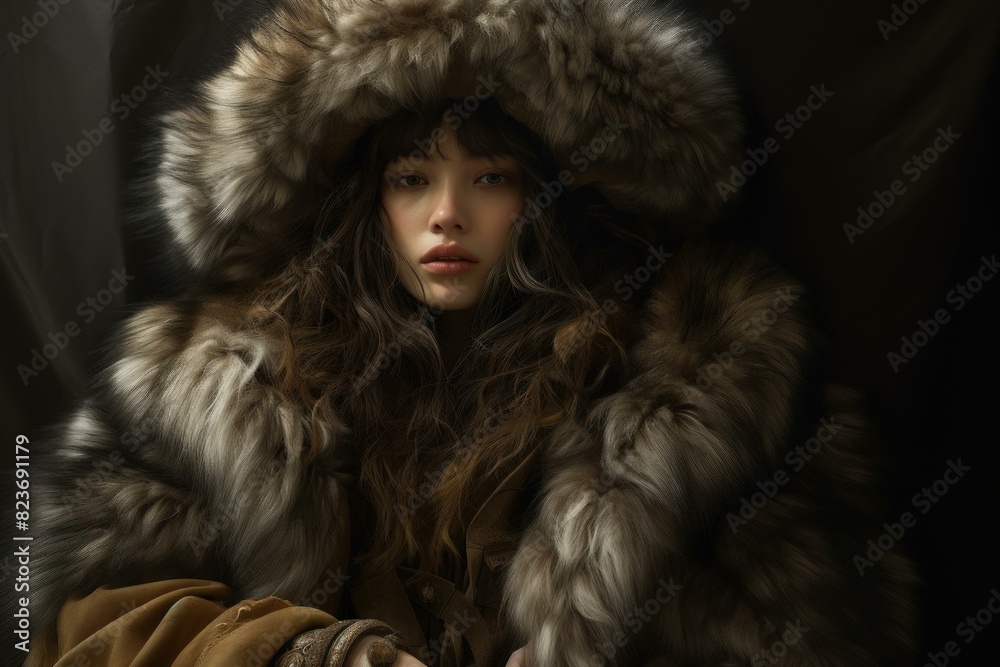 Captivating close-up of a young woman enveloped in a rich fur hood, exuding warmth and sophistication Captivating close-up of a young woman enveloped in a rich fur hood, exuding warmth and sophistication