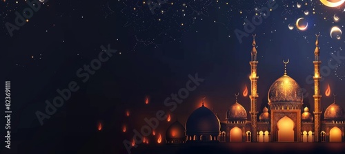 vector illustration of ramadan kareem background with golden mosque and arabic ornament frame on dark blue color, banner template design for decoration.