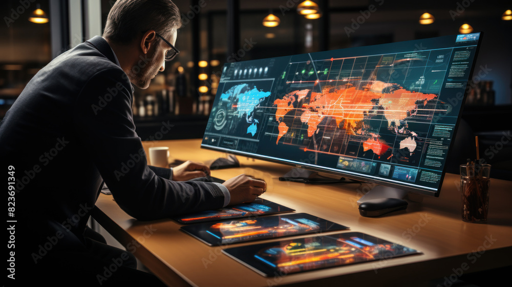 Focused individual working in a dark room, analyzing complex data visualizations on multiple digital screens Focused individual working in a dark room, analyzing complex data visualizations on multiple digital screens