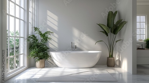 Bright and Serene Modern Bathroom with Large Windows and Green Plants © Ilham