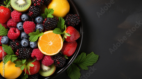 Healthy Fresh Fruit Salad in Bowl Top View Copy Space on Blurry Gray Concrete Background