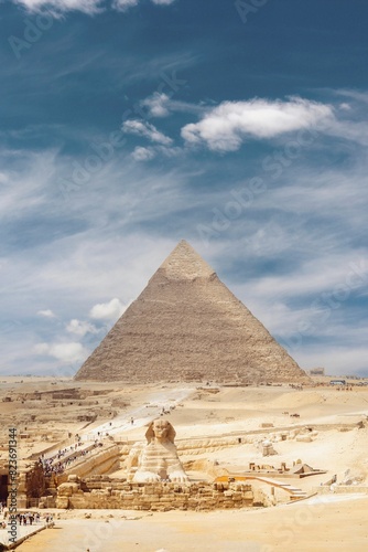 Ancient Egyptian pyramids and the Great Sphinx of Giza against the sky