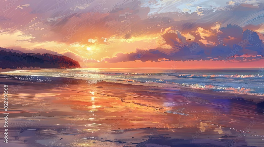 tranquil sunset painting warm hues reflect on serene beach landscape digital painting