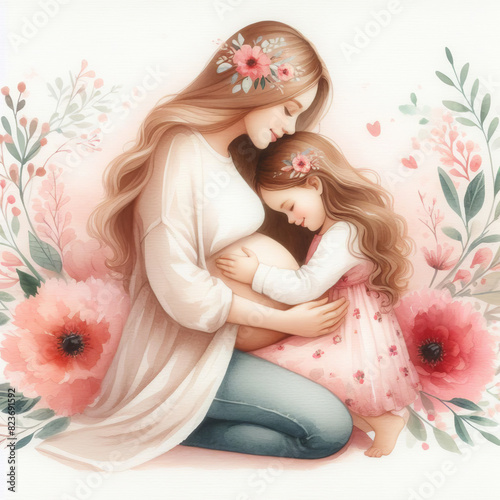 The little girl holds to the pregnant belly of her mother against a background of flowers. Watercolor illustration for Mothers Day, Family Day, Parents Day and Childrens Day. photo