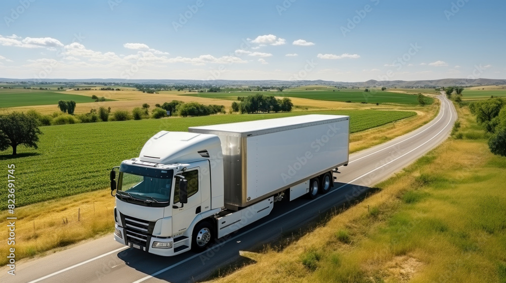 A white semi truck transports goods along a scenic rural highway under a clear blue sky