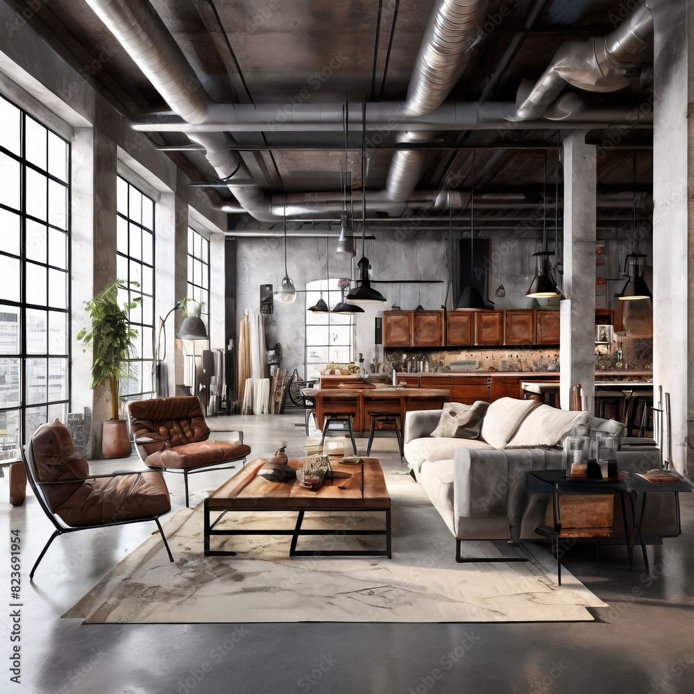 industrial loft living room with exposed pipes concrete floors a
