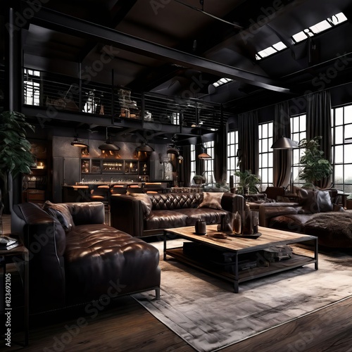 masculine industrial living room with dark colors leather furnit © Best top images