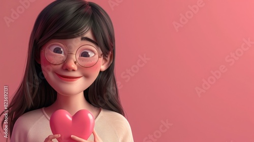 3D rendering of an Asian girl wearing glasses and holding a heart-shaped object in her hand, smiling, 
