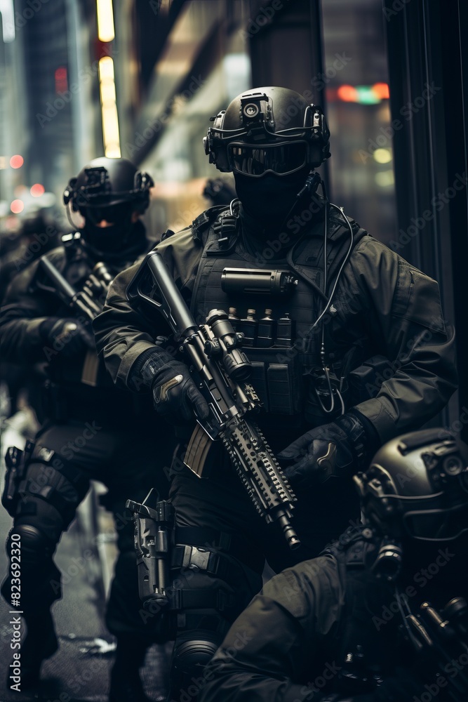 A group of men in black uniforms are seen storming a building with guns in hand. The tactical unit members appear focused and ready for action as they move with precision