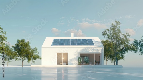 3d rendering of modern house with solar panels on roof and copy space for text, front view, isolated pastel background, minimal concept. energy attack © sania