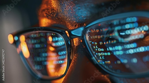 Close-up of a person's glasses reflecting computer code. The image evokes themes of technology, coding, and digital innovation.