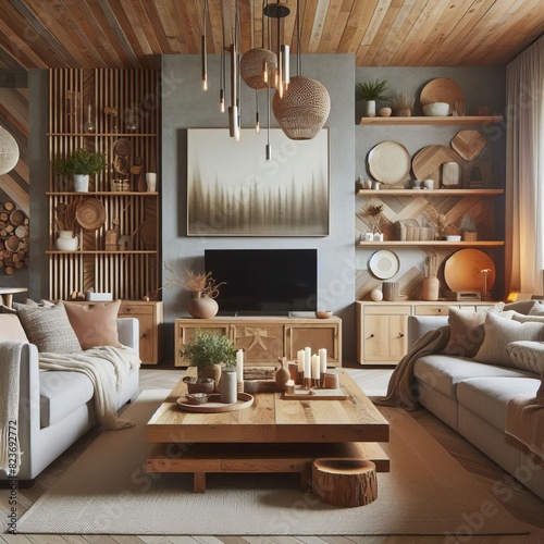 Modern rustic living room with a mix of modern and rustic elemen photo