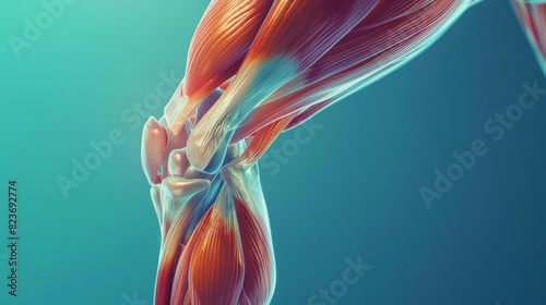 Detailed anatomical illustration of the human knee joint and surrounding muscles. photo