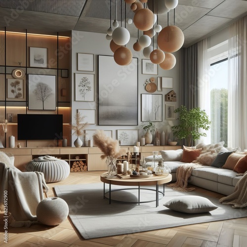 Modern Scandinavian living room with a minimalist design, neutra photo