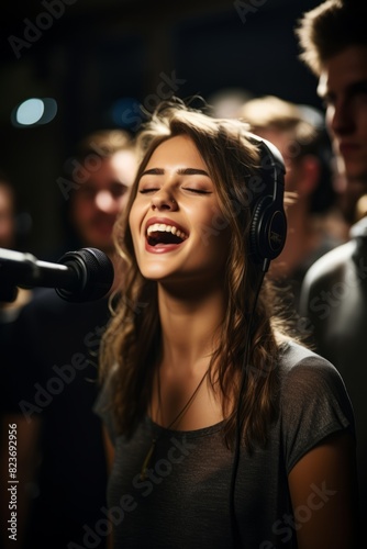 A woman stands singing into a microphone, wearing headphones. She is focused on her performance, with microphone in hand and headphones securely over her ears © Vit