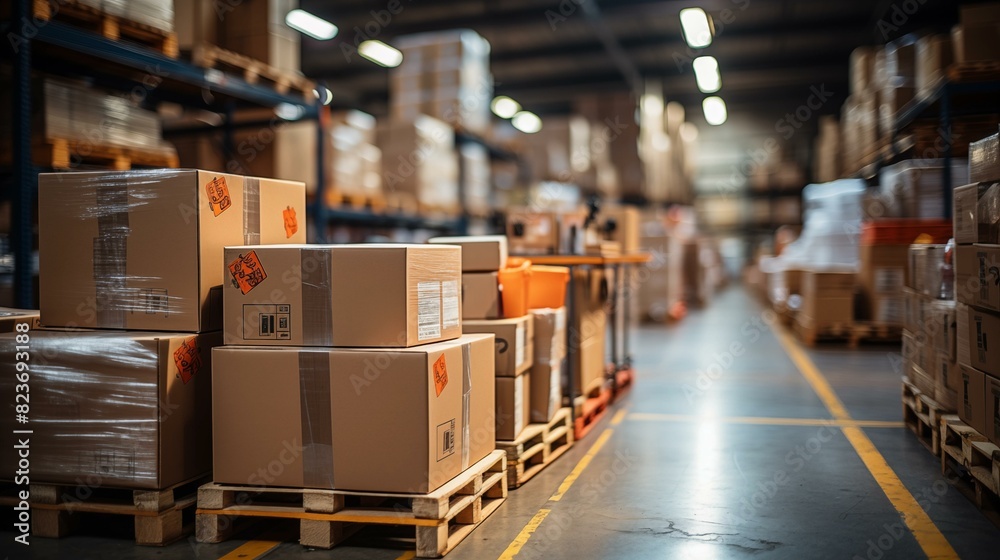 Storage of boxes inside a large industrial warehouse, stock of merchandise on shelves and racks