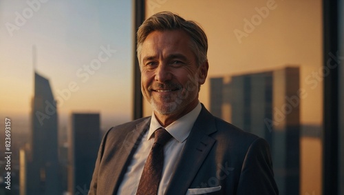 Portrait of a joyful middle age businessman wearing a suit standing in an office sunset background