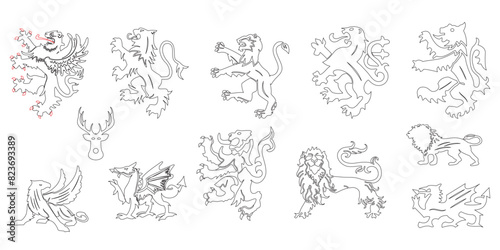 Lion & Dragon & Deer's Head With Antlers Silhouette Line art Illustration. Heraldic Design Element For Logo Or Emblem. Isolated On Transparent Background.
