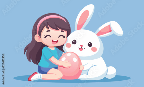 A cute little girl sits and cuddles a big plush bunny toy