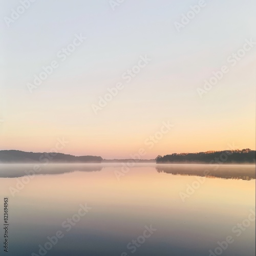 A calm lake with a beautiful orange sky in the background