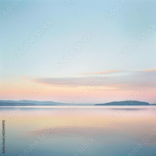 A beautiful, serene lake with a pink and orange sky in the background