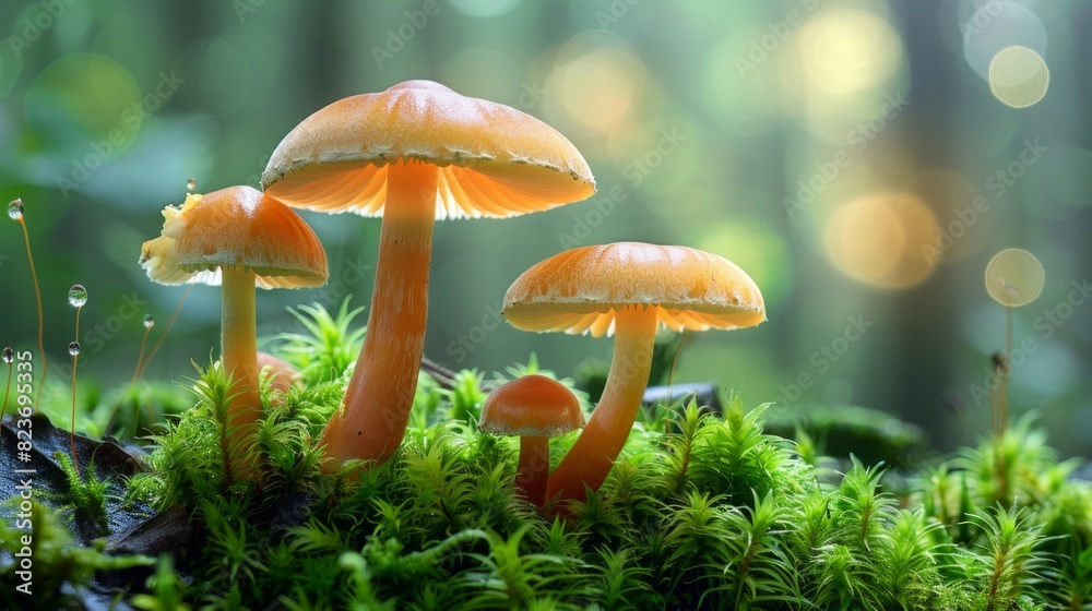 Glowing Mushrooms in Sunlit Forest with Dew-Kissed Green Moss and Soft Light Glowing Mushrooms in Sunlit Forest with Dew-Kissed Green Moss and Soft Light