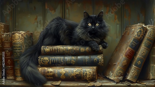 superstition symbolism, dark cat atop books symbolizes superstitions about fate and fortune, embodying the belief in mystical forces photo