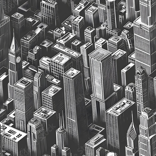 Monochromatic Willis Tower Textile Print Portraying Chicagos Stunning Skyline,Seamless Pattern,Toile de Jouy  photo