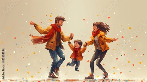 Online party concept. Man and woman with kid dancing together. Video call in social networks. Event, holiday and festival on internet. Cartoon flat vector illustraton isolated on beige background photo