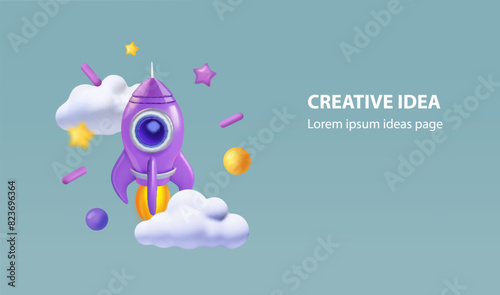 Rocket space startup, creative idea cover, landing page. Space ship starting in the clouds. Creativity concept. 3d vector illustration