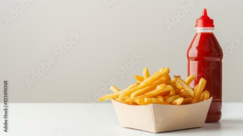 A box of crispy french fries with a bottle of ketchup on the side.