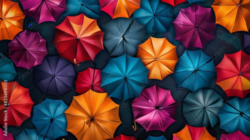 Obraz premium pattern of colorful umbrellas viewed from above