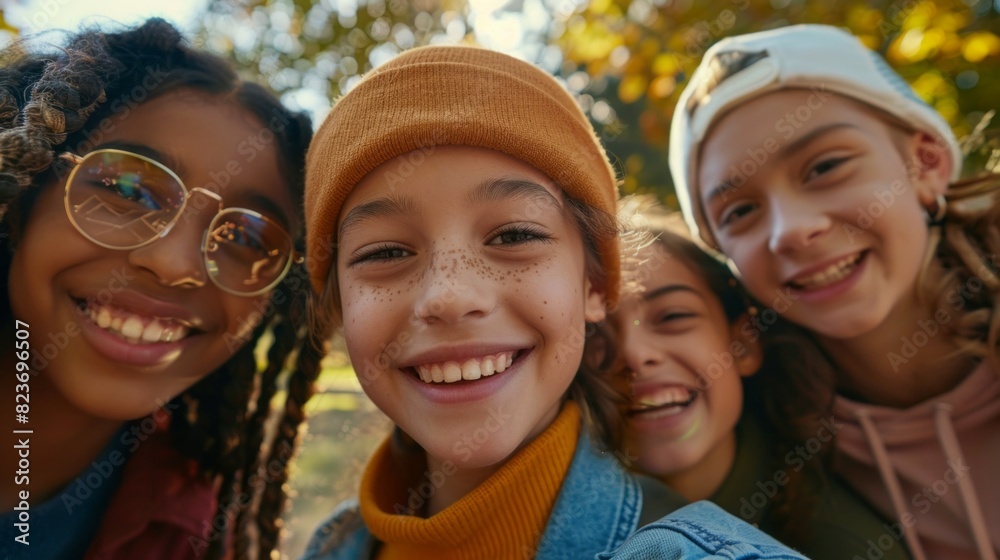 Fototapeta premium A group of young girls are smiling and posing for a picture