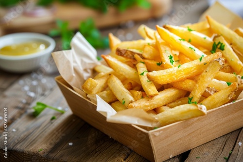 A close-up of a basket of crispy, golden-brown french fries, sprinkled with parsley, served with a side of garlic aioli. photo